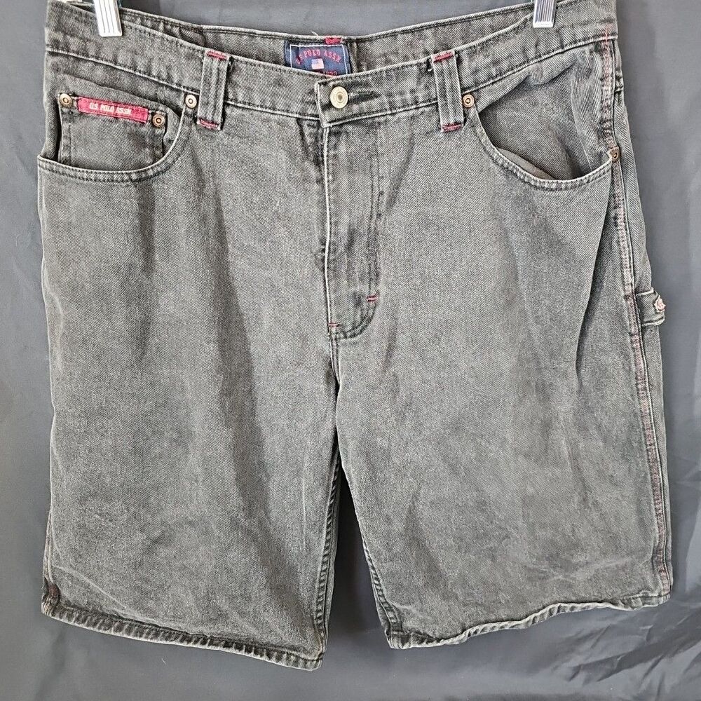 Men's Vintage US Polo Assn Black Denim Carpenter Jean Shorts Size 36 Distressed - Picture 1 of 9